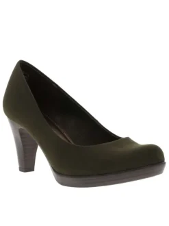 Escarpins à décolleté arrondi et talon bottier vert olive effet cuir suède all over