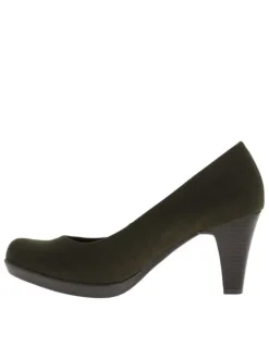 Escarpins à décolleté arrondi et talon bottier vert olive effet cuir suède all over