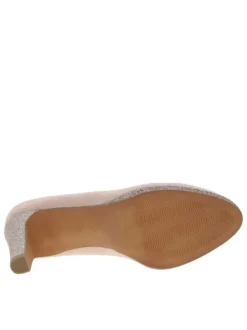 Escarpins décolleté simple beiges à talon décroché haut et détails pailletés