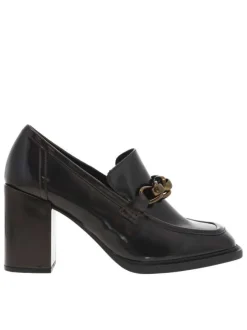 Escarpins emboitant en cuir café à talon décroché haut et coupe bateau