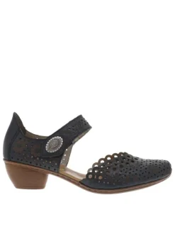 Escarpins en cuir bleu marine à talon bottier avec une bande auto-agrippante
