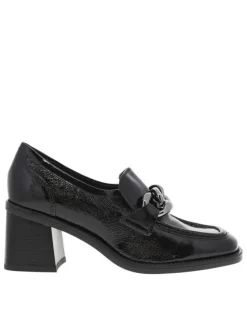 Escarpins en cuir vernis noir à talon bloc décroché moyen et maillons