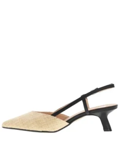 Escarpins talon découvert en cuir aspect raffia beige à talon virgule moyen