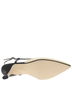 Escarpins talon découvert en cuir aspect raffia beige à talon virgule moyen