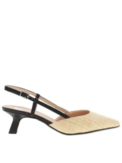 Escarpins talon découvert en cuir aspect raffia beige à talon virgule moyen
