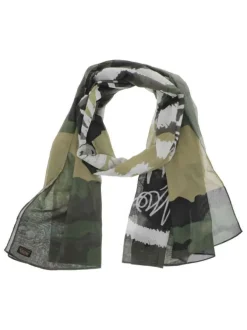Foulard kaki en coton transparent à motif camouflage et logo blanc