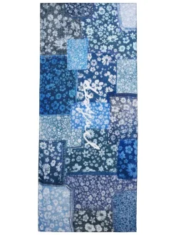 Foulard bleu avec des imprimés floraux blancs et bleus et nom de la marque