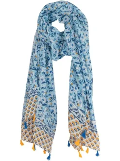 Foulard bleu avec un imprimé floral doux et des petits pompons