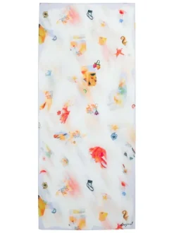 Foulard écru avec différents motifs multicolores et marque cousue