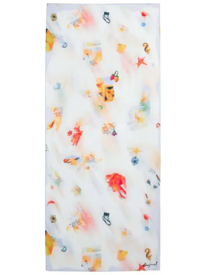 Foulard écru avec différents motifs multicolores et marque cousue