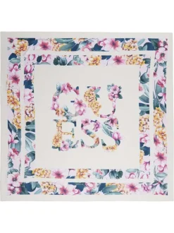 Foulard écru carré à imprimé fleuri rose et jaune et avec le nom de la marque