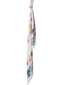 Foulard écru carré à imprimé fleuri rose et jaune et avec le nom de la marque