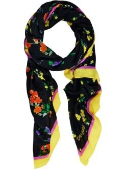 Foulard noir avec fleurs multicolores imprimées, bords jaunes et tissu doux