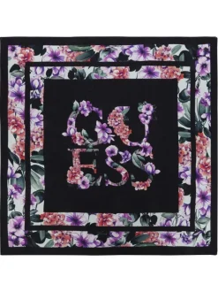 Foulard noir carré à imprimé fleuri violet et rouge et avec le nom de la marque