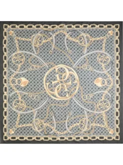 Foulard noir imprimé de motifs dorés représentant des chaînes