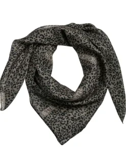 Foulard taupe et noir avec imprimés animaliers et écritures cousues