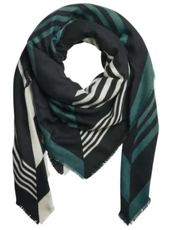 Foulard tricolore noir sapin et écru à imprimé géométrique et petites franges