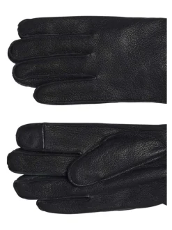 Gants en cuir noirs unis avec poignets en laine aux couleurs de la marque
