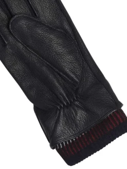 Gants en cuir noirs unis avec poignets en laine aux couleurs de la marque