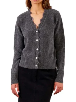 Gilet anthracite en maille fine avec un col v en dentelle et des manches longues