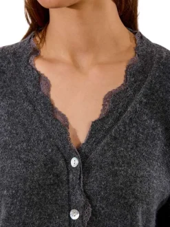 Gilet anthracite en maille fine avec un col v en dentelle et des manches longues
