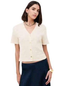 Gilet beige à coupe droite pourvu d'un col v et de manches courtes