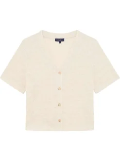 Gilet beige à coupe droite pourvu d'un col v et de manches courtes