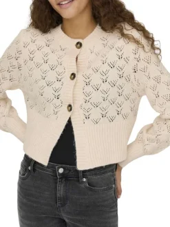Gilet beige en maille ajourée pourvu d'un col rond et de manches longues
