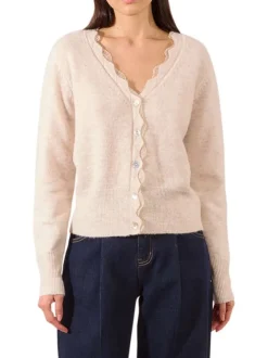 Gilet beige en maille fine avec un col v en dentelle et des manches longues
