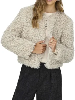 Gilet beige en maille sherpa pourvu d'un col rond et de manches longues