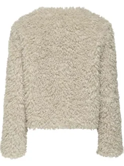 Gilet beige en maille sherpa pourvu d'un col rond et de manches longues