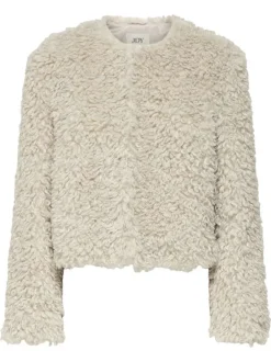 Gilet beige en maille sherpa pourvu d'un col rond et de manches longues