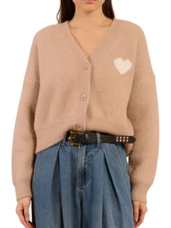 Gilet beige en maille tricotée avec un cœur imprimé et un col v