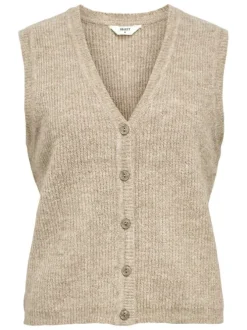 Gilet beige en maille tricotée sans manches pourvu d'un col v