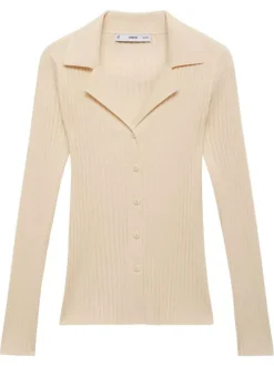 Gilet beige uni avec une coupe droite à col v et des manches longues