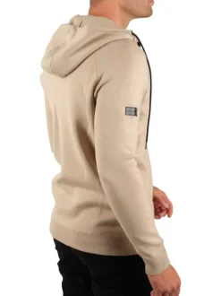 Gilet beige uni à capuche avec une double fermeture zippée et des cordons