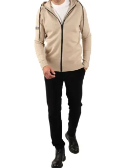 Gilet beige uni à capuche avec une double fermeture zippée et des cordons