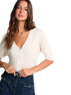 Gilet beige uni à coupe droite avec des manches 3/4 et 5 boutons