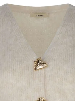 Gilet beige uni à coupe droite avec un col v et des boutons métalliques dorés