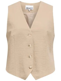 Gilet beige uni sans manche pourvu d'une coupe droite et d'un col v