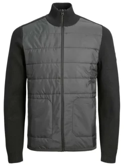Gilet bi-matière en coton mélangé noir uni coupe droite avec manches en knit