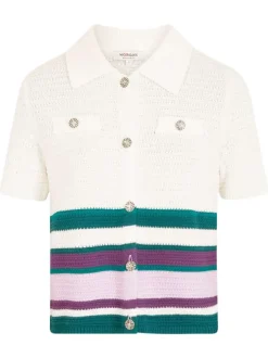 Gilet blanc rayé à coupe droite, col à revers et à manches longues avec poches