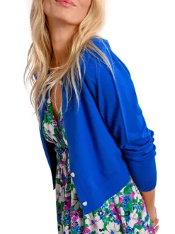 Gilet bleu uni avec une coupe droite un col rond et des manches longues