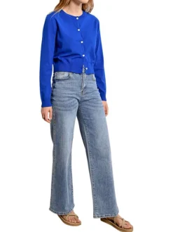 Gilet bleu uni avec une coupe droite un col rond et des manches longues