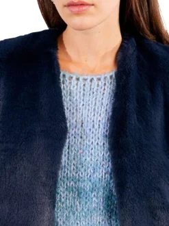 Gilet bleu uni fourrure synthétique avec une coupe droite et un col V