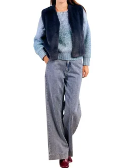 Gilet bleu uni fourrure synthétique avec une coupe droite et un col V
