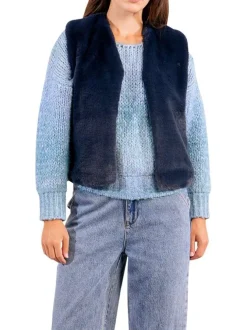 Gilet bleu uni fourrure synthétique avec une coupe droite et un col V