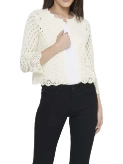 Gilet boléro écru uni avec une coupe droite et des manches 3/4