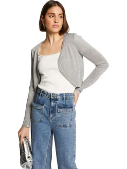 Gilet boléro gris clair uni avec col rond et à manches longues
