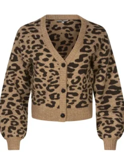 Gilet camel imprimé léopard avec une coupe droite à col v et des boutons